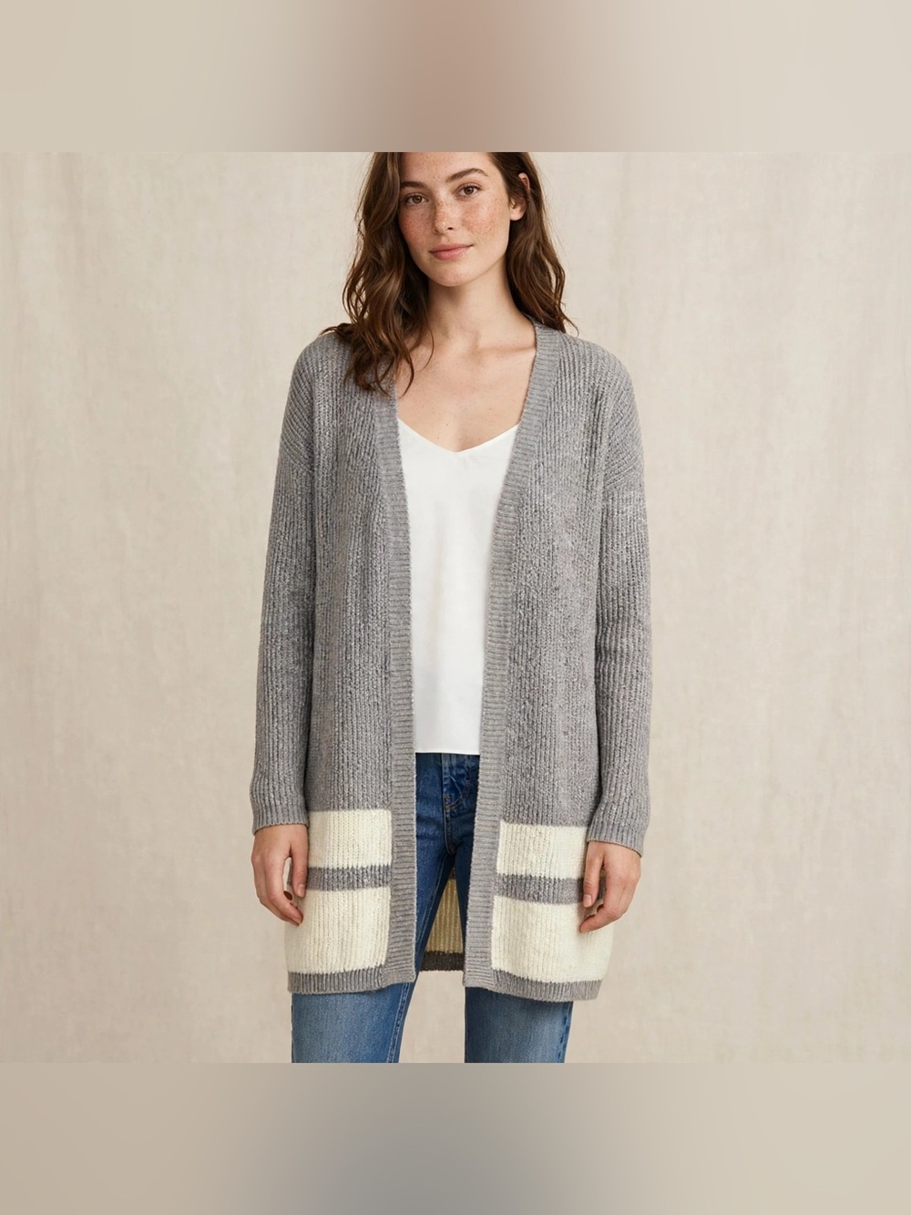 MyStyle Long Open Ribbed Knit Cardigan Grey White Striped Long Sleeve Size XL